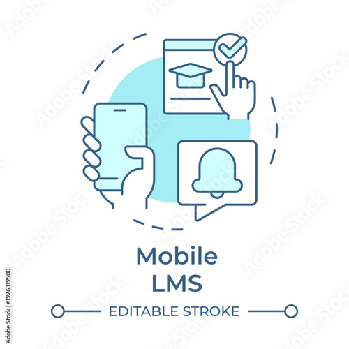 Mobile lms soft blue concept icon. Smartphone access, education accessibility. Notification reminder. Round shape line illustration. Abstract idea. Graphic design. Easy to use in presentation