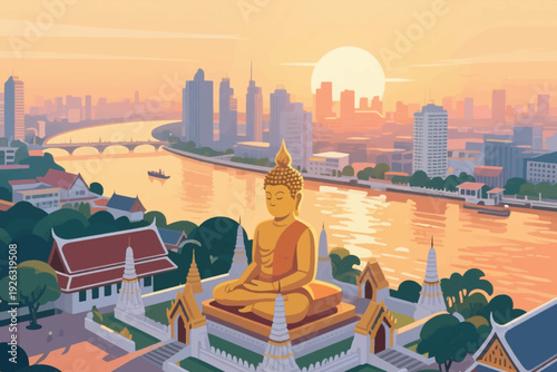 Illustration Of A Large Buddha Statue On The Edge Of A Large Canal, And Urban, Sunset Atmosphere Vector Design Template