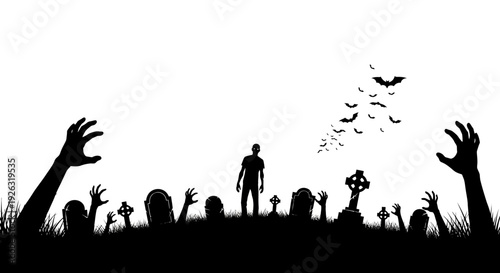 Zombie Apocalypse Graveyard Scene with Rising Dead and Bats Flying in Sky
