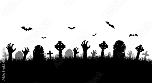 Spooky Halloween Cemetery Scene with Zombie Hands Rising and Bats Flying in the Night Sky