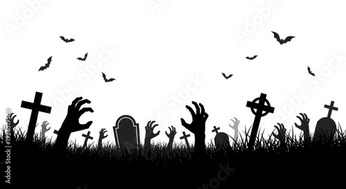 Halloween Graveyard with Zombie Hands and Bats at Night