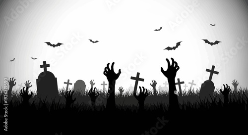 Zombie Hands Rising from a Graveyard with Bats Flying at Night for Halloween