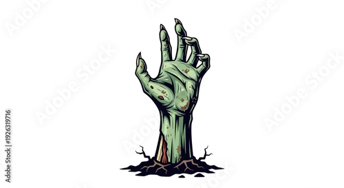 Green Zombie Hand Emerging from Cracked Earth, Spooky Halloween Horror Graphic Illustration