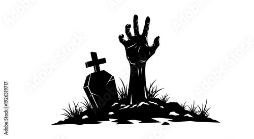 Zombie Hand Rises from Grave with Tombstone and Grass Vector Illustration