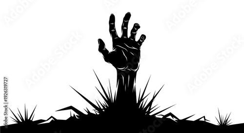 Black and White Illustration of a Zombie Hand Emerging from the Ground