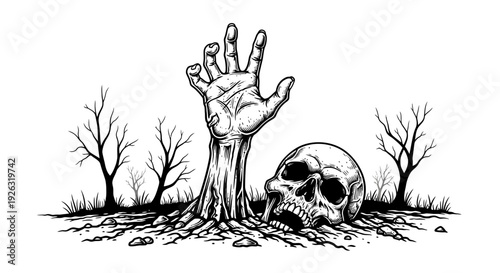 Zombie Hand and Skull Emerging from Graveyard with Bare Trees, Spooky Halloween Illustration