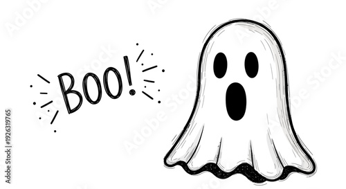 A hand-drawn cartoon ghost with an open mouth and the word "BOO!" next to it, in a spooky Halloween sketch style.
