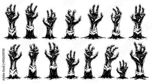 A collection of creepy zombie hands reaching out from the ground, depicted in a black and white sketch style, suitable for horror themes.