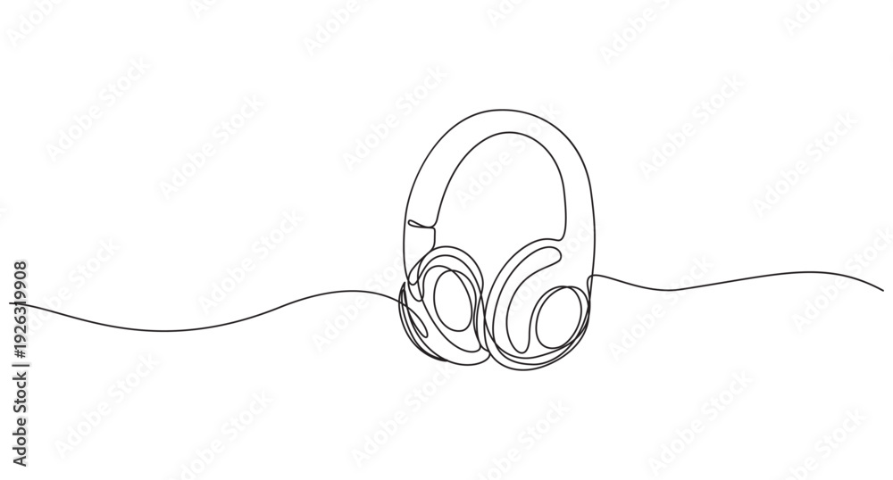 Obraz premium Black Headphones Minimal Line Icon Isolated, Sound Headphones Abstract Linear Vector Illustration
