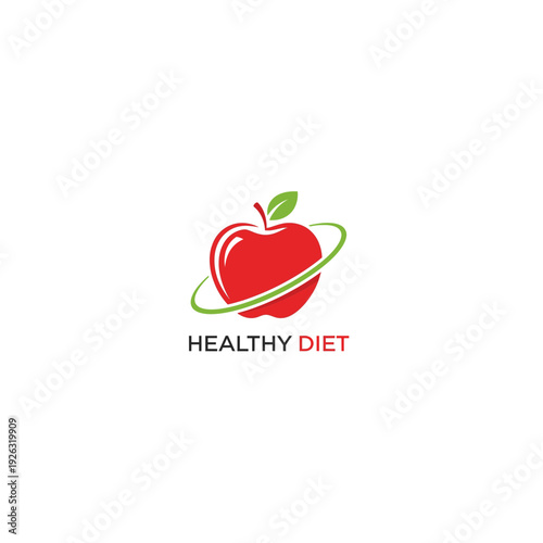 Pixel Art Red Apple with Green Swirl and Healthy Diet Text Concept