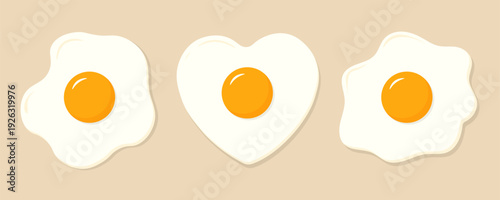 Set of fried eggs of various shapes on a light beige background. Top view. Flat vector illustration