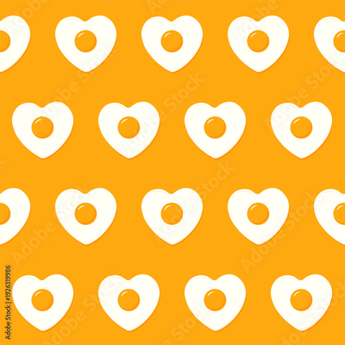 Cute seamless pattern with fried eggs in heart shape on a bright yellow background. Flat vector illustration