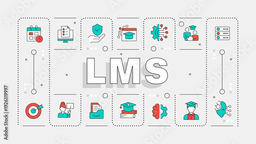 LMS white word concept. Educational courses, training programs. Learning management system. Typography banner. Vector illustration with title text, editable icons color. Hubot Sans font used
