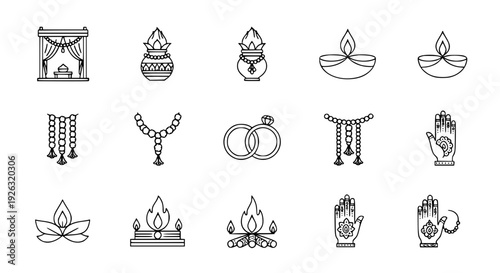 Hindu Wedding Ceremony Vector Icons – Editable Stroke Outline Collection