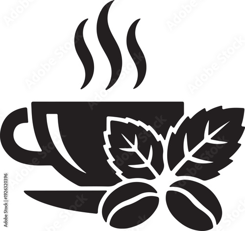 Steaming coffee cup with mint leaf and coffee beans silhouette vector