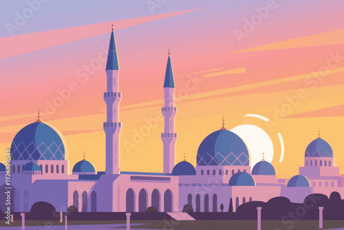 Illustration Of A Large Mosque Building With A Wide Courtyard, Sunset Atmosphere Vector Design Template