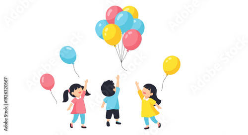 Illustration of happy children celebrating International Day of Happiness with colorful balloons in a joyful festival atmosphere.