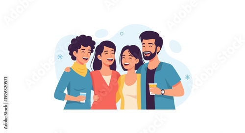 Illustration of diverse people celebrating International Day of Happiness with colorful festival design elements and joyful characters in a vibrant, iconic representation.