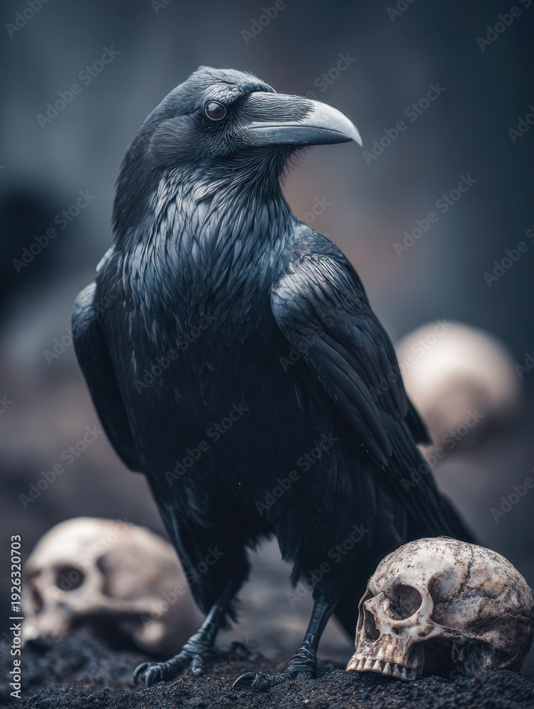 Fototapeta premium A majestic raven perched on dark ground surrounded by weathered human skulls creating a mysterious and eerie atmosphere in a dimly lit setting