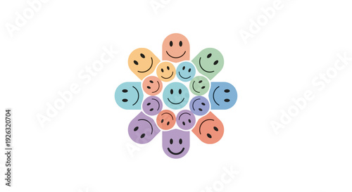 Colorful illustration of diverse smiley faces forming a circular pattern on a white background, celebrating International Day of Happiness with a joyful and festive mood.