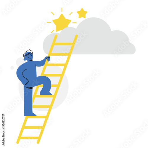 Man Character Climbing Yellow Ladder to Reach Stars and Success Goals Concept. Character Vector illustration design.