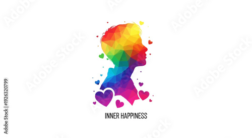 A colorful illustration of a person's head with rainbow hues and hearts, symbolizing inner happiness and positivity on a clean white background with a joyful and celebratory mood.