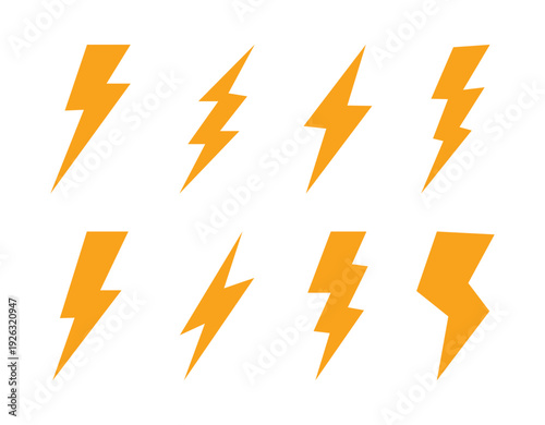 Lightning bolt retro thunder symbol set designed for safety alerts and weather application. Vector icon set isolated on a white background. Grammar check