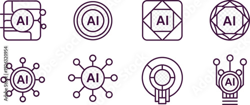 Collection of eight minimalist line art vector icons representing artificial intelligence concepts and data processing structures