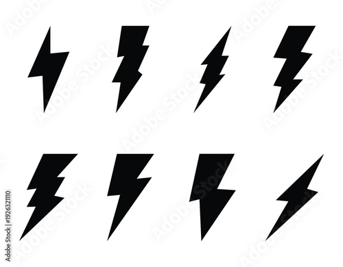 Hand drawn electric lightning vector icons Used in apps to represent fast charging,  immediate danger warnings in weather forecasts and Indicates high voltage. Vector illustration.
