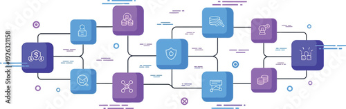 A network of interconnected purple and blue square icons representing data flow and security on transparent background silhouette high quality professional