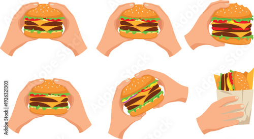 Hands Holding Tasty Burger Set with Different Grip Gestures Fast Food Cheeseburger Sandwich Takeaway Flat Vector Illustration.