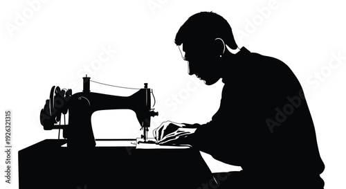 Person working on a sewing machine with focused attention to detail in a graphic illustration