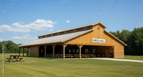 Large Wooden Barn with Sign.