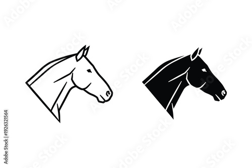 Simple Black Horse Head Icon with Outline and Solid Fill Design