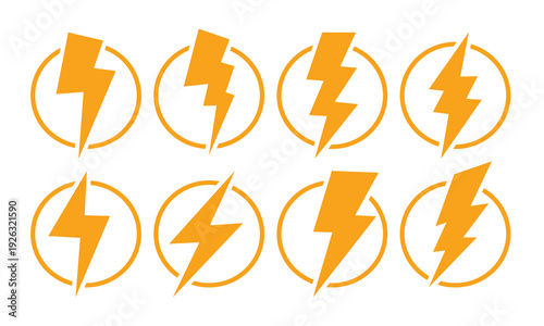Flat vector Thunder and bolt lighting icon set on a white background used for weather applications, electrical power signage, fast charging indicator.