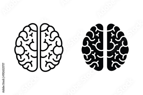 Human Brain Outline and Solid Fill Icon for Intelligence and Thought