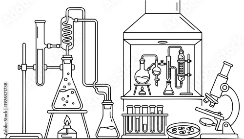 Line art vector of a chemistry lab concept featuring a fume hood, distillation apparatus, microscope, and test tubes