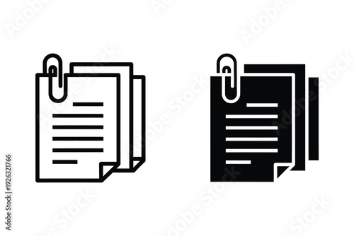 Attached Document with Paperclip Icon Set - Outline and Solid Vector Illustration