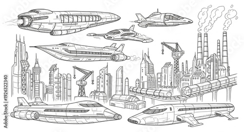 Futuristic cityscape with flying vehicles and advanced transportation systems, a vision.