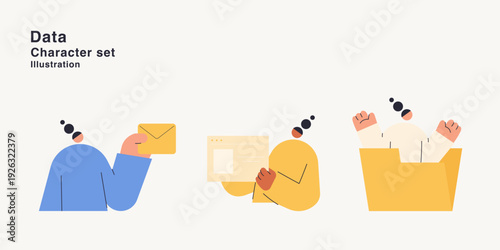 Data character set with people managing email, documents and folders. Flat design vector illustration collection for data organization, filing system and document management concepts.
