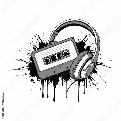 Retro audio cassette tape isolated on white background with vintage music and analogue sound style vector illustration t shirt design.