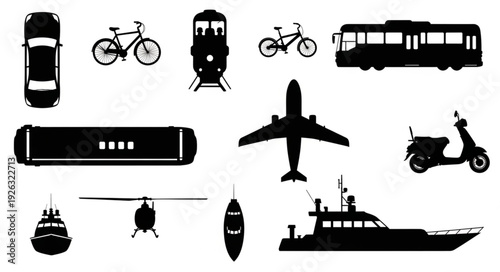 Collection of various transportation vehicles in black silhouette style for design.