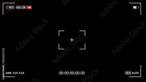 Digital video camera interface with 4K recording, battery and timer on a black background
