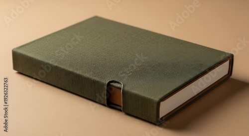 Closed green book with a slipcase on a neutral surface, studio shot.