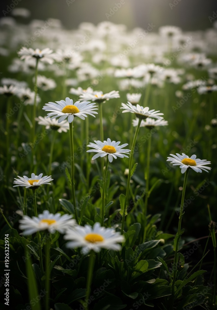 Fototapeta premium Field of White Daisies with Yellow Centers in Soft Morning Light