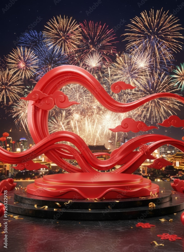 Obraz premium Festive Red Podium with Fireworks Display at Night Scene