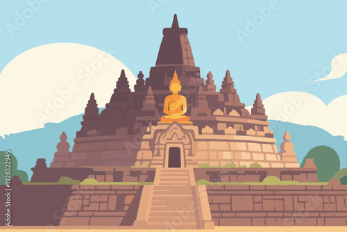 Illustration Of A Golden Buddha Statue On Top Of A Temple, With A Background Of Mountains And Bright Blue Sky Clouds Vector Design Template