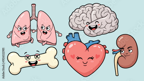 Cute Cartoon Human Organs Set with Happy Faces.