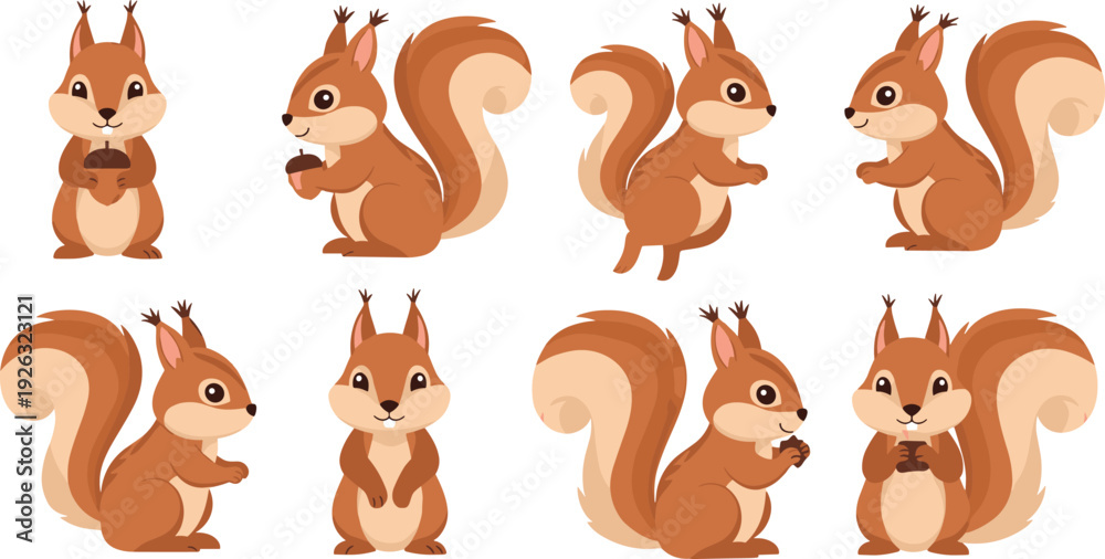 Naklejka premium Cute squirrel cartoon vector set with different poses holding acorn for woodland forest animal nursery and autumn design.