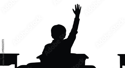 Silhouette of a child raising hand at desk in classroom vector illustration design